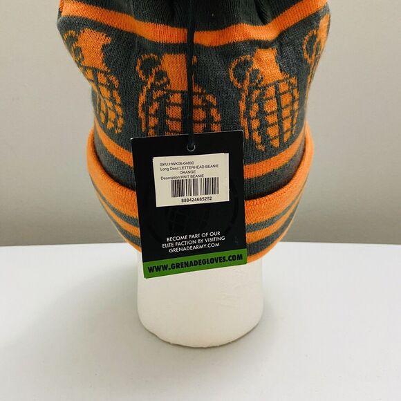 Grenade Letterhead Striped Winter Pom Knit Beanie Cap Hat Orange/Gray One Size - Picture 8 of 8
